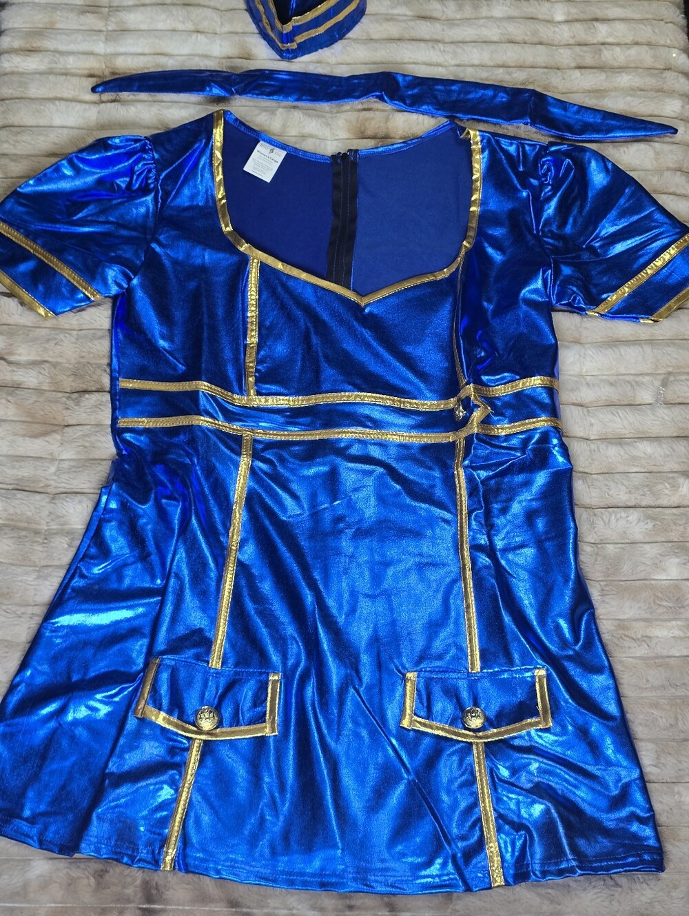 Retro 60s Style Metallic Blue Stewardess Flight Attendant Costume - Large